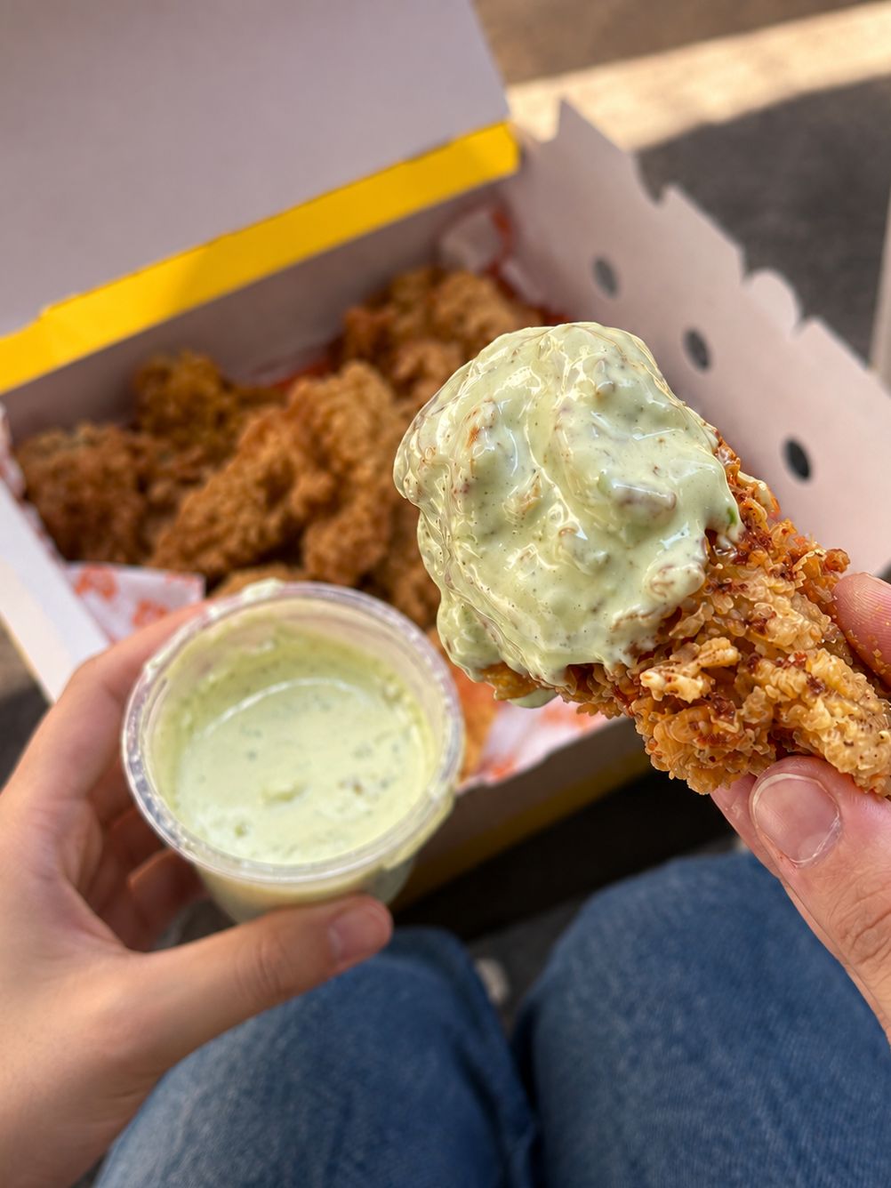 Strip dunked in Jalapeño Ranch dip
