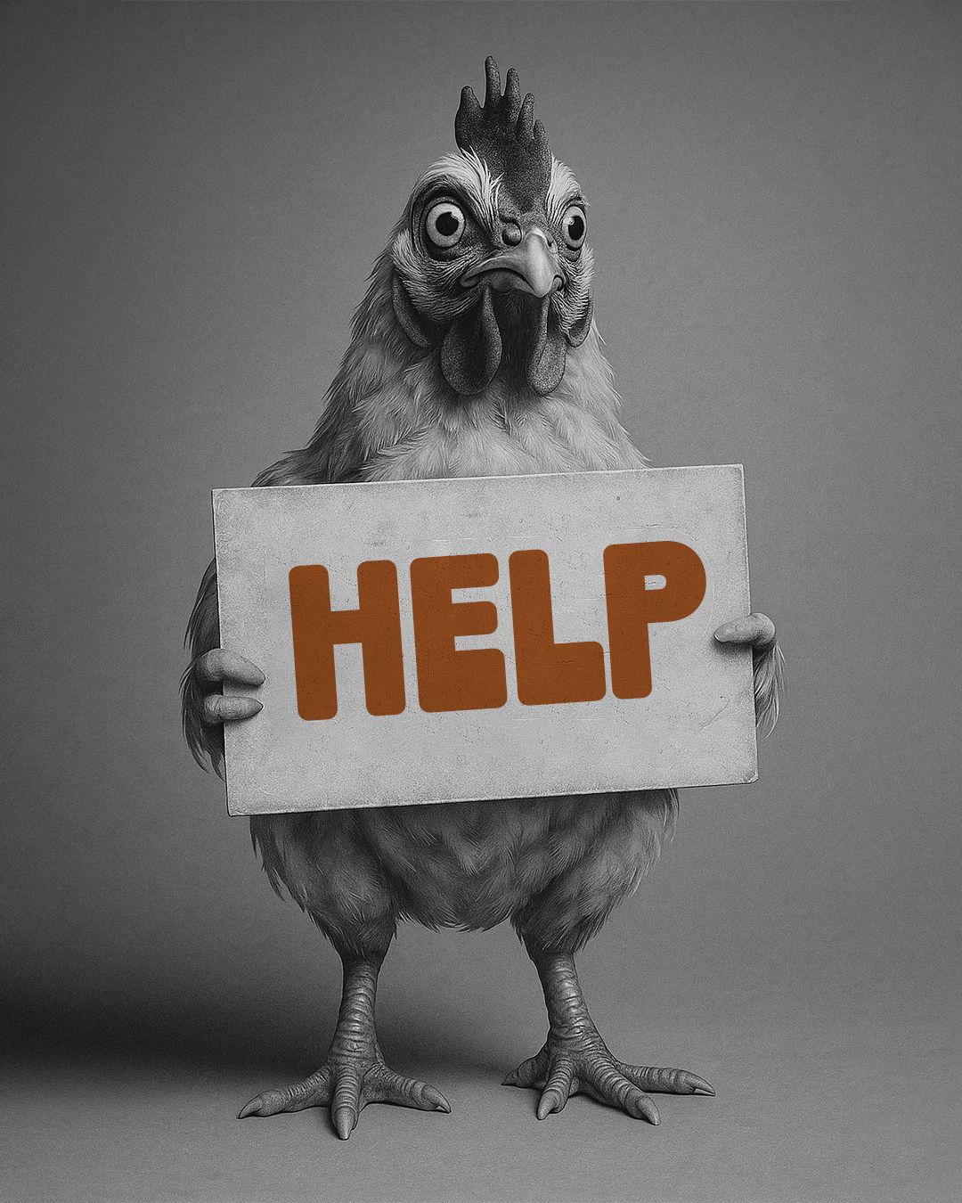 Chicken holding a HELP sign